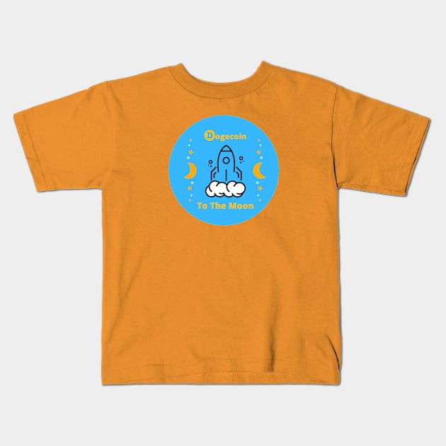 Dogecoin to the Moon and Stars Blue Background Kids T-Shirt by Down Home Tees